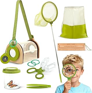 Bug Catcher Kit for Kids, Outdoor Explorer Toy Set with Butterfly Net, Wooden Magnifying Glass & Bug Container &Other Adventure Kit for Backyard Bugs Hunting and Camping Gifts for Boys Girls Age 3-12