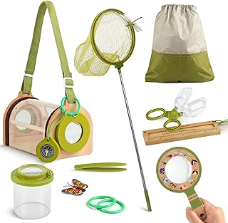 Wooden Bug Catcher Kit for Kids -11Pcs Bug Catching Kit Outdoor Explorer Kit with Carry Bag, Butterfly Net and Other Adventure Sets for Garden Backyard Camping, Gift for Toddlers Girls Boys 3-12