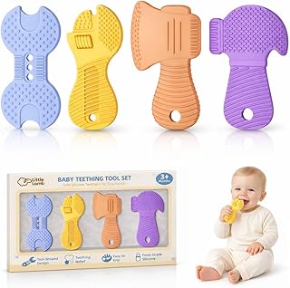 Baby Tool Teether Set, 4 Pack Silicone Textured Teething Toys for Boys 3–12 Months, Wrench Screwdriver Hammer Axe Chew Toys for Teething Relief, Newborn Infant & Toddler Baby Stuff