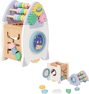 Wooden Space Rocket Activity Cube Toys for Baby, Montessoritoys for 1 Year Old Boy & Girl Birthday Gifts, Sensory and Educational 1st Birthday Gifts, Busy Board Toys for Baby Boy