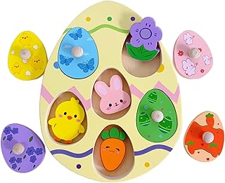Easter Wooden Peg Puzzle for Toddlers, 6 Colors & Shape Matching Pieces, Montessori Educational Toy for Fine Motor Skills, Age 1-3