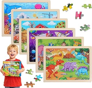 Wooden Jigsaw Puzzles for Kids 4-8 – 6 Pack 24Pcs Toddler Puzzles Board Animals, Dinosaurs,Vehicles, Preschool Learning Toys for Ages 3-5 Boys Girls, Christmas Birthday Gifts