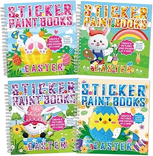 4 Pcs Easter Day Sticker Paint Books for Kids Ages 4-8 Easter Sticker by Number Books Eggs Bunny Chick Themed Activity Puzzle Book Craft Art Party Birthday Gifts Favor 32 Pictures
