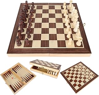 3-in-1 Folding Chess Board Set, Wooden Chess Checkers and Backgammon Game Set for Adults Kids & Family, Portable Travel Board with Game Pieces Storage | Classic Strategy Board Games