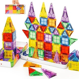 cossy Mini Magnetic Tiles, 80 PCS Magnet Tiles Travel Magnetic Tiles with Iron Box and Storage Guide, Travel Toys for Long Trip and Restaurant, STEM Learning & Creative Building & Educational Toys