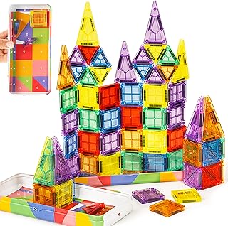 cossy Mini Magnetic Tiles, 80 PCS Magnet Tiles Travel Toys with Iron Box, Travel Magnetic Tiles for Restaurant, Car & Plane Play, Toys for 3 4 5 6 7 8 Year Old Boy and Girl