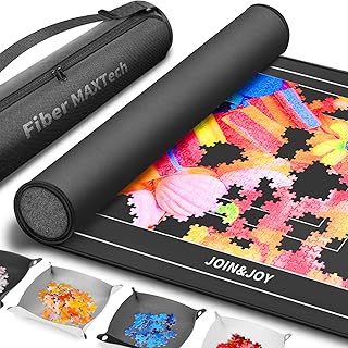 Join&Joy Jigsaw Puzzle Mat Roll Up, Rubber Saver Pad 46" x 26 ", with 4 Sorting Trays & Travel Storage Bag, Portable Rollup Puzzles Keeper, Up to 1500 Pieces