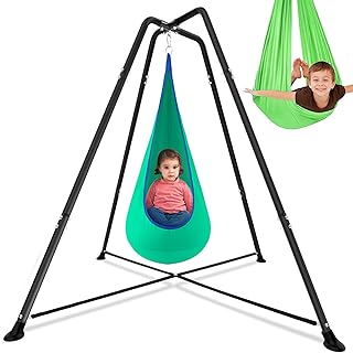 Swing Stand Frame with Sensory Pod Chair and Swings Set Kid Heavy-Duty Metal Swing Frame Hammock Chair Stand Tree Saucer Sensory Round for Kids Adult Indoor Outdoor Backyard Park(Grass Green)