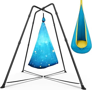 Swing Stand Frame with Sensory Swing Pod Chair, X-Shaped Swing Set, Metal Hammock Chair Stand for Adults Indoor and Outdoor 330LBS (Patterned-Star Blue)