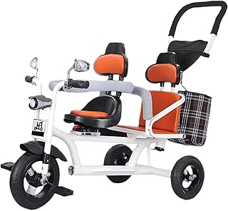Tandem Tricycle with Headlight for 3-8 Years Old Boys and Girls,Twins Kids trikes with Parent Push Handle,Dual Seats Stroller,Rear seat with Sponge guardrail,Titanium Wheel