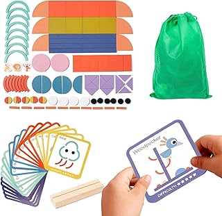 Wooden Pattern Blocks – STEM Brain Teaser Rings & Puzzle Sticks, Educational Toy Set, Creative Learning Feature, Playtime Development Gear, Use for Kids Boys Girls Travel