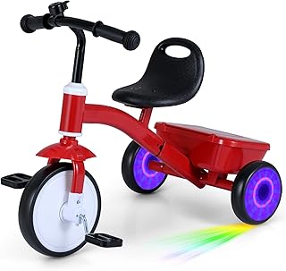 BABY JOY Toddler Tricycle, Kids Trike with Glowing Rear Wheels, Adjustable Seat, Detachable Pedals & Storage Box for Boys and Girls Indoor Outdoor Riding, Baby Balance Bike for 3-5 Years Old (Red)
