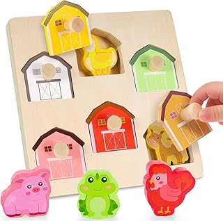 Wooden Puzzles for Toddlers 1-3, Farm Animal Color Match Chunky Peg Puzzle, Montessori Toys for 1 2 Year Old, Knob Puzzle Boy Girl Birthday Gift, Preschoool Learning Activities