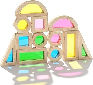 Wood Building Blocks Set for Kids, Rainbow Stacker Stacking Game Construction Toys Set Preschool Colorful Learning Educational Toys, Geometry Wooden Blocks for Boys Girls (12pcs)