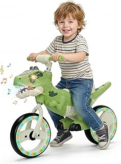 Dinosaur Bike for Kids 3-5, Toddler Balance Bike 4+ Year Old, Birthday Gift for Boys Girls with Adjustable Handlebar, Music & Eye Flashing Lights, Ride On Dino Toy, Carbon Steel Frame 10 Inch Wheels