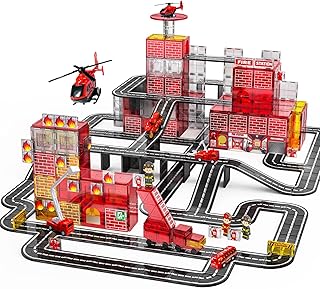 141PCS Magnetic Tiles for kids, Fire Rescue Theme Magnet Tiles with Fire Station & Fire Rescue Vehicles, STEM Magnetic Tiles for Kids Ages 4-8, Preschool Educational Building Toys for Boys & Girls