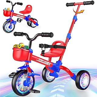 5 in 1 Toddler Bike for 1-5 Year Old, Tricycle with Push Handle, Convertible Baby Balance Bike, Bicycle, Color Light Wheel & Detachable Pedal, 4-Position Seat, Boys Girls Birthday Gift, Toy