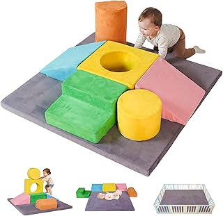 Foam Climbing Blocks for Toddlers with 47"x47'' Crawling Play Mat,7-Piece Soft Play Set for Babies,Kids Climbing Toys Indoor,Crawling,Sliding & Building in Playroom & Daycare,Gray & Multicolor