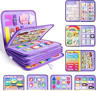 12-page Toddler Busy Board Montessori Toys, Busy Book for Toddlers, Boy Girl Birthday Gift,Toddler Activity Book, 24 in 1 Activity Sensory Toys for Motor Skills, Travel Toy for Car Airplane (Purple)