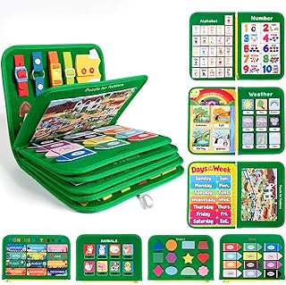 12-Page Toddler Busy Board Montessori Toys, Busy Book for Toddlers, Girl Birthday Gift,Toddler Activity Book, 24 in 1 Activity Sensory Toys for Motor Skills, Travel Toy for Car Airplane (Green)