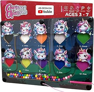 Unicorn Magnetic Wand Maze Board - Wooden Sorting Puzzle - Kids Ages 3–7 - Color Counting Toy for Toddlers - Montessori Learning for Fine Motor Skill Development with Number Matching Beads