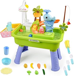 2026 Upgraded Toddler Sand Water Table Toy with Electric Water Pump, Kids Sand Water with Faucet/Play Food Accessories/Fishing Toy, Kitchen Play Sink Toys for Girl Boy Age 3+ (Green)