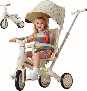 Winhope Kids Tricycle, 6 in 1 Baby's Tricycle Toddler Trike with Adjustable Push Handle, Reversible Seat and Canopy, Baby Stroller for 1-6 Year Olds, Suitable for Outdoor Activities (Beige)