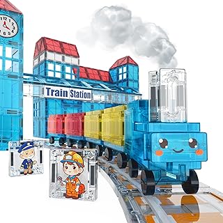 Magnetic Tiles Train Toys, Train Station Magnet Tiles for Kids Ages 4-8 with Magnetic Tiles Cars, Preschool Classroom Educations STEM Learning Montessori Toys Gifts for Toddler Boys and Girls