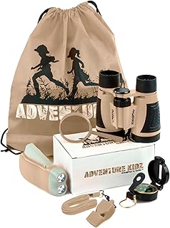 Tan Adventure Kidz Outdoor Exploration Kit, Children’s Binoculars, Flashlight, Compass, Fox Whistle, Magnifying Glass, Backpack. Great Gift Set for STEM, Pretend Play