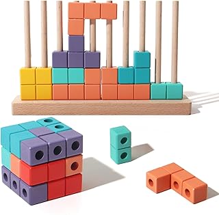BESTAMTOY Wooden Russian Building Blocks Puzzle Brain Teasers Toy Colorful Spatial Concepts Learning Game with Wooden Base and Pegs Educational STEM Toy for Kids