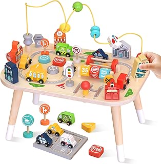 Wooden Montessori Activity Table for Toddlers, Baby Busy Table with Bead Maze, Shape Sorter, Cars & Road Signs, Traffic Learning Activity Center Sensory Toys for Birthday Gift Boys Girls 1+ Year Old