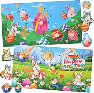2 Pack Easter Wooden Peg Puzzles for Toddlers 1-3, Montessori Puzzles, Learning Toys, Easter Basket Stuffers Fillers Gifts Party Favors for Kids Boys Girls