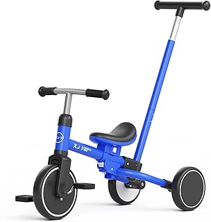 XJD Toddler Tricycle for 1-3 Year Olds, 5-in-1 Toddler Bike with Adjustable Push Handle, Balance Bike, Adjustable Seat & Removable Pedal, Birthday Gift Toy for Boys and Girls(Blue)