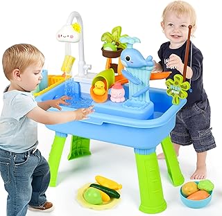 Upgraded Toddler Sand Water Table Toy with Electric Water Pump, Kids Sand Water with Faucet/Play Food Accessories/Fishing Toy, Kitchen Play Sink Toys for Girl Boy Age 3+