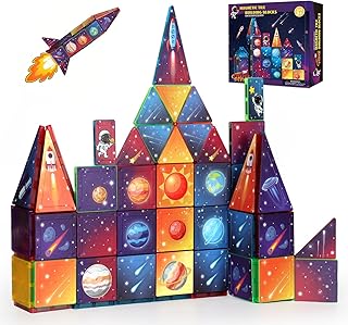 Space Themed Magnetic Tile Building Blocks (38/58 Pcs) – Colorful Window STEM Toys for Kids to Explore Space, Inspire Creativity (Ages 3+) (38)