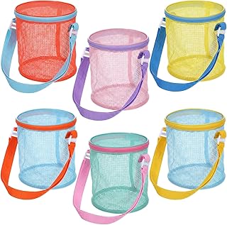 6 Pcs Sea Shell Bags for Beach Mesh Seashell Holder Shelling Foldable Toy Storage Bag Collecting Bucket Bulk for Sandbox Beach Vacation Essentials Kids Sand Toy Box