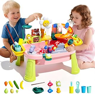 Ploomi Upgraded Toddler Sand Water Table Toy with Electric Water Pump, Kids Sand Water with Faucet/Play Food Accessories/Fishing Toy, Kitchen Play Sink Toys for Girl Boy Age 3+ (Upgraded-Pink)