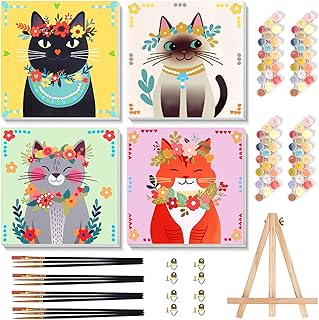 4 Pack Cat Paint by Number for Kids with Wooden Frame, Paint by Numbers for Kids Cats Ages 4-8-12, Easy Cat DIY Acrylic Oil Painting Kits for Home Wall Decor (8X8 inch)