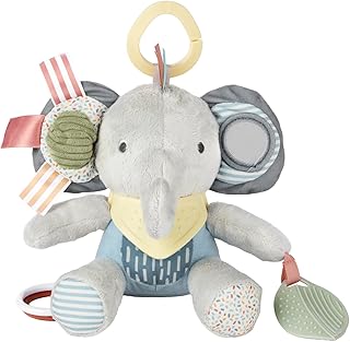 Skip Hop Bandana Buddies Soft Textured Baby Activity and Teething Toy for Multi-Sensory Play with Rattles, Crinkle Sounds, Squeaker and Mirror, Attaches to Stroller and Car Seat, Elephant, Age 0+