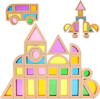 50 Pcs Wooden Rainbow Building Blocks for Boys Girls, Acrylic Building Block Rainbow Stacker Stacking Game Construction Toys Set Preschool Learning Educational Toys Geometry Blocks
