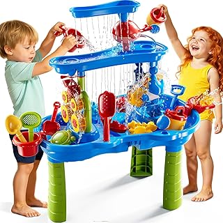 3-Tier Sand and Water Table Toys for Kids Aged 3 4 5 6 7 8, Water Waterfall Sensory Play Table with Beach Toys Accessories, Outdoor Activity Playset for Toddlers 2-4 3-5 4-6, Birthday Gifts