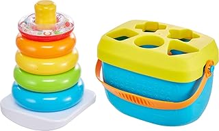 Fisher-Price Baby’s First Blocks & Rock-a-Stack Toy Set, Bucket of 10 Shapes & Ring Stacking Activity for Developmental Play Ages 6+ Months (Amazon Exclusive), Pack of 2