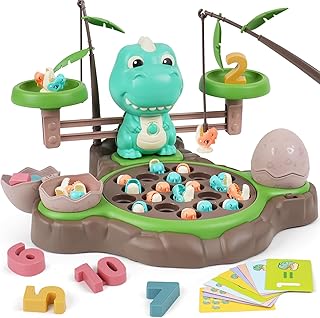 Magnetic Dinosaur Fishing Game for Kids, Best Birthday Gift for 3-5 5-7 Year Old Boys & Girls, 2-in-1 360° Rotation Fishing Toy with Balance Scale & Counting, Player Board Game for Toddlers
