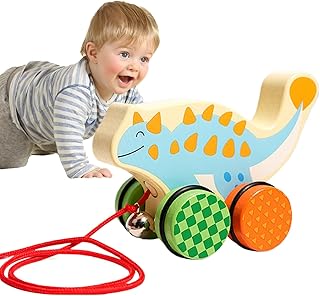Wooden Pull Toy - Cartoon Walking Dinosaur Car | Walking Wooden Cars | for Boy Girl Kids Indoor Outdoor Nursery Kindergarten Floor Play