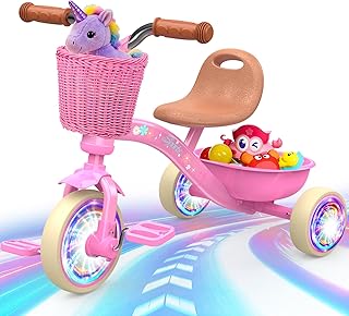 Toddler Tricycle for 1-3 3-5 Year Olds, 2 3 4 5 Year Old Girl Birthday Gifts, Toddler Baby Bike, Outdoor Riding Toys for Ages 2-4, 4-Level Adjustable Seat, 3 Color Light Wheels, 2 Baskets