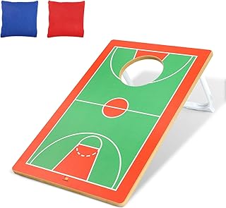 Basketball Court Cornhole Set, Indoor Wood Bean Bag Toss Game with 2 Bean Bags, 20x12.5 Inch Board, Outdoor Lawn Yard Game, Family Party Game
