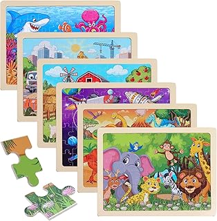 Wooden Puzzles for Kids Ages 3–5, 6 Pack 60 Piece Jigsaw Puzzle Set, Preschool Educational Brain Teaser Toys with Animals Dinosaur Space & Vehicles, Educational Toys for Boys and Girls