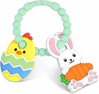 Easter Teething Ring for Baby, Bunny Carrot & Chick Egg Silicone Teether Bracelet, Sensory Chew Toys for Newborns & Infants 3–12 Months, Easter Basket Stuffers for Toddlers, Baby First Easter Gift