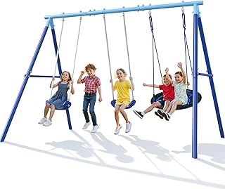 Outdoor Swing Set with 2 Belt Swings and Round Nest Swing, Blue Metal Frame, Kids Backyard Play Equipment