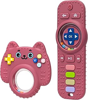2 Pack Silicone Teething Toys for Babies, Remote & Controller Teether for Baby, Sensory Toys for Babies with Rattle, Baby Chew Toys